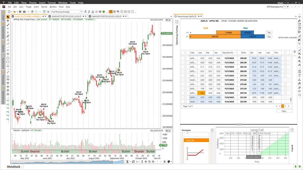 OptionScope options analysis in MetaStock 20 showing option chains and a long call risk graph